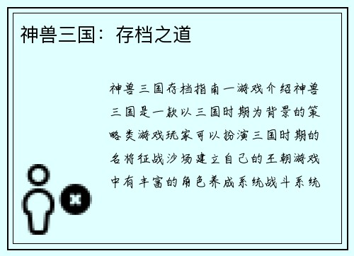 神兽三国：存档之道
