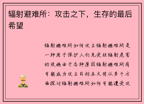 辐射避难所：攻击之下，生存的最后希望